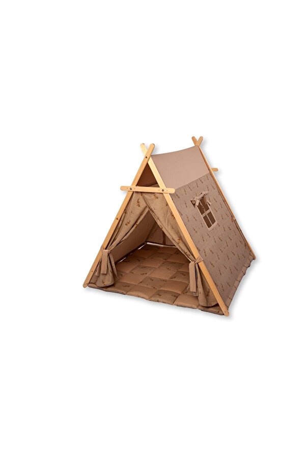 KIDOPPO Montessori Oyun Çadırı ve matı | Katlanabilir Kanvas Çocuk Oyun Evi | Ahşap Kızılderili Çadırı