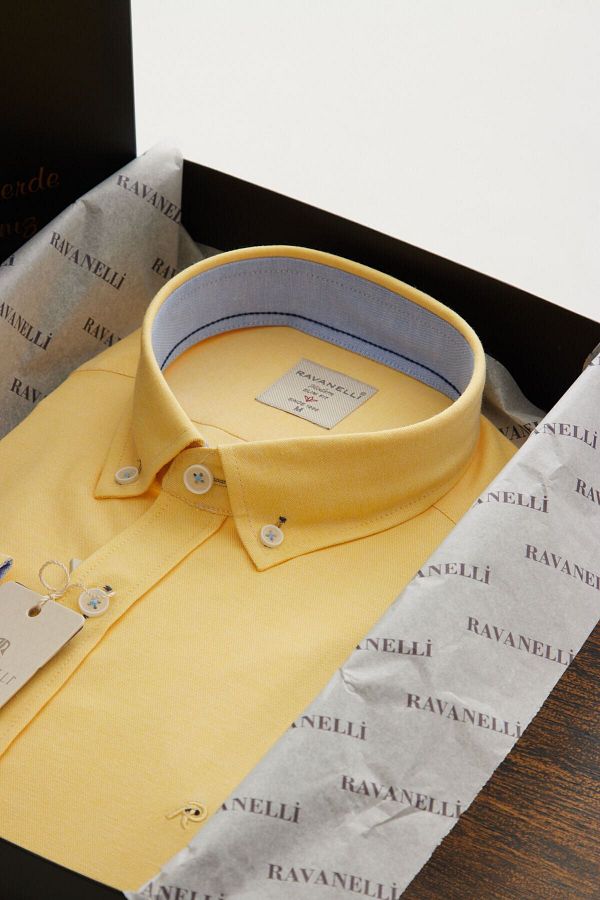 RAVANELLI-Cămașă galbenă Vessmen pentru bărbați - Slim Fit, cu nasturi, cu mânecă lungă 1