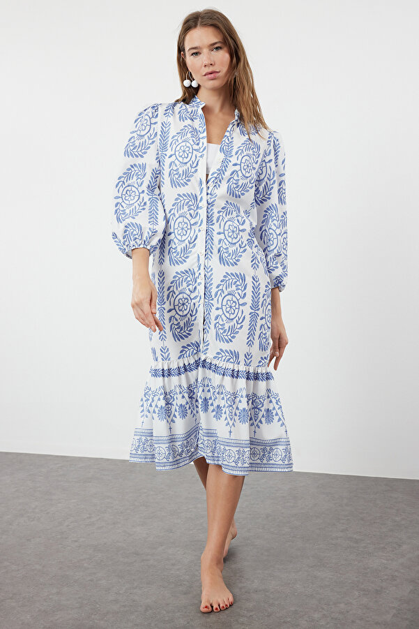 Trendyol Collection Blue Shawl Pattern Midi Beach Dress Woven Ruffle