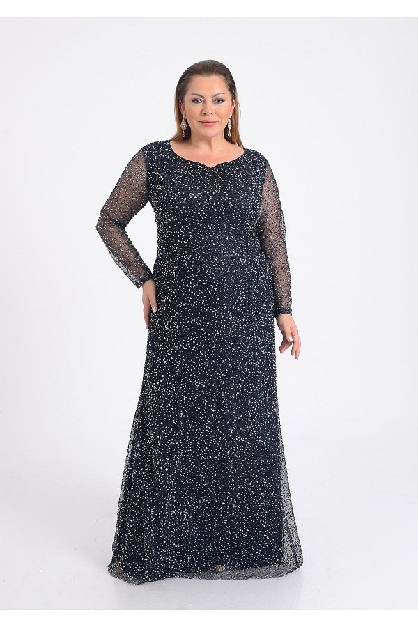 L LAS XXL Black Glitter Printed Long Sleeve Plus Size Evening Dress Trendyol