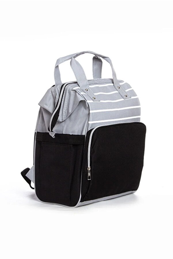 Özgün Baby Anne Bebek Bakım Sırt Çantası Biberon Termoslu Sıvı Geçirmez Puset Askı Aparatlı Siyah Gri Çizgili