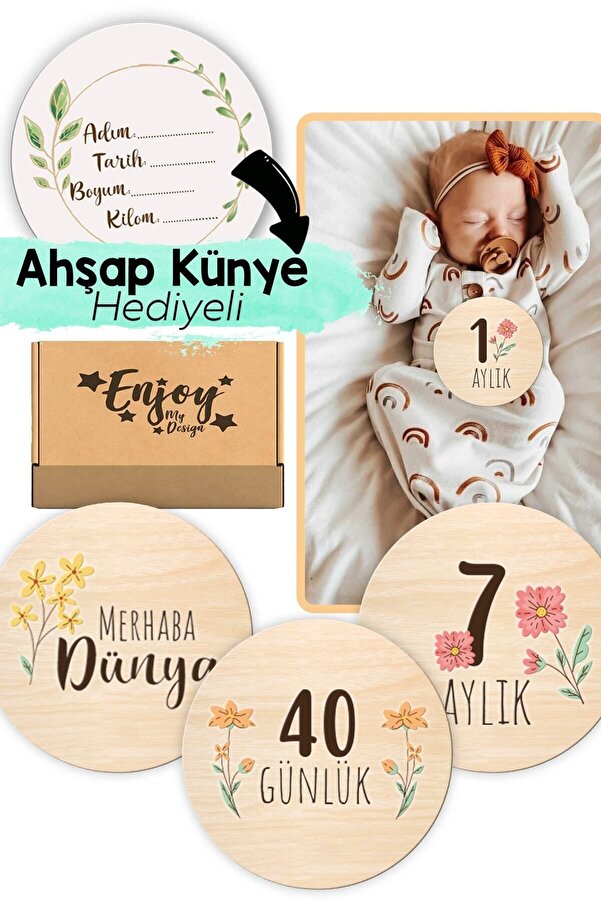 Enjoymydesign Bebek Anı Kartı Seti Çiçek Desenli Aylık Bebek Hatıra Kartları Renkli Ahşap Hamile Ay Kartları