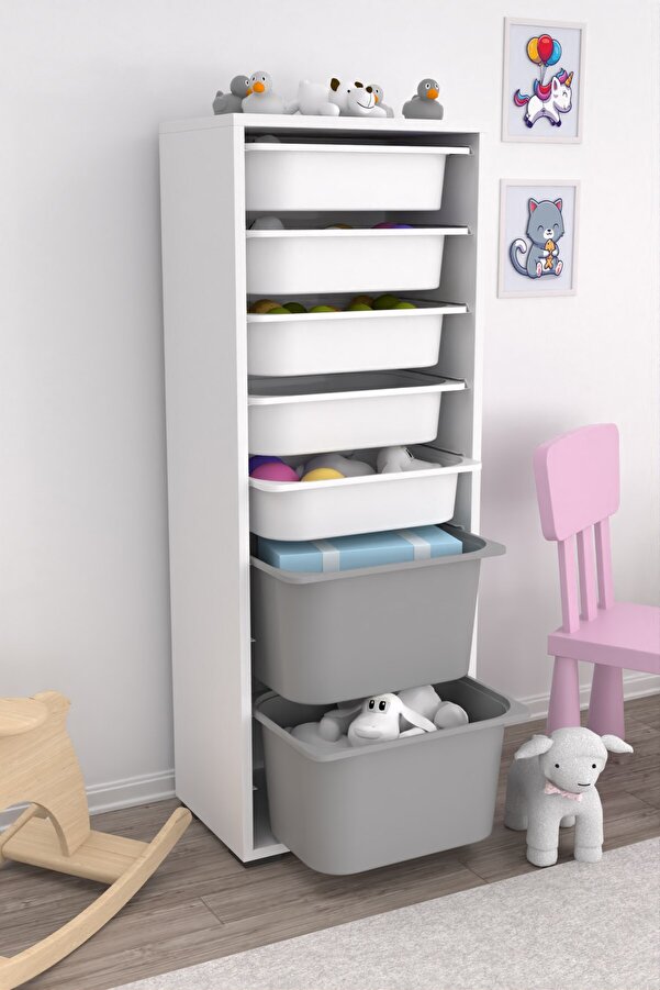 Pratico Zola 7 Sepetli Dolap Oyuncak Dolabı Çok Amaçlı Mutfak Banyo Kiler Dolabı Gri Beyaz