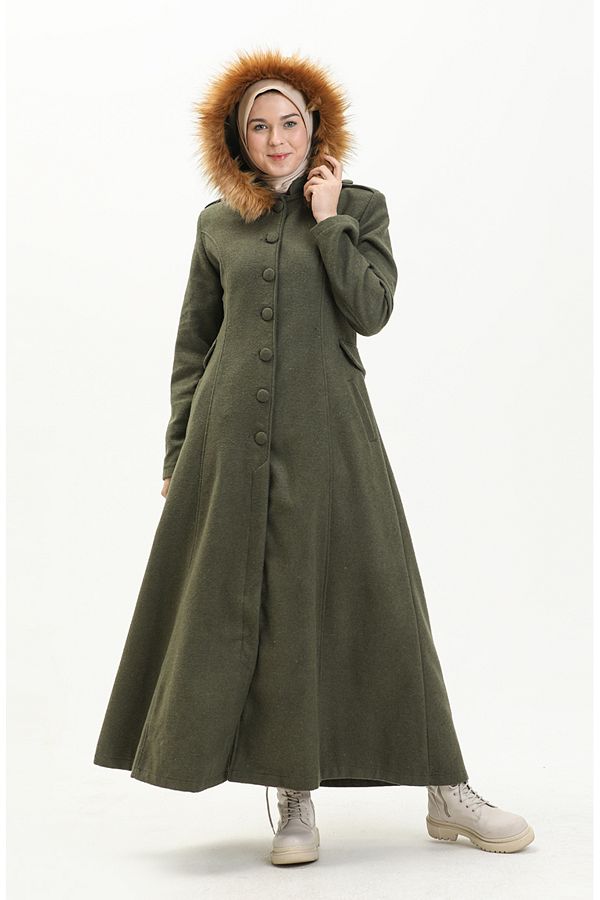 sefamerve Khaki Green Hooded Cashmere Coat 712010 04 Trendyol