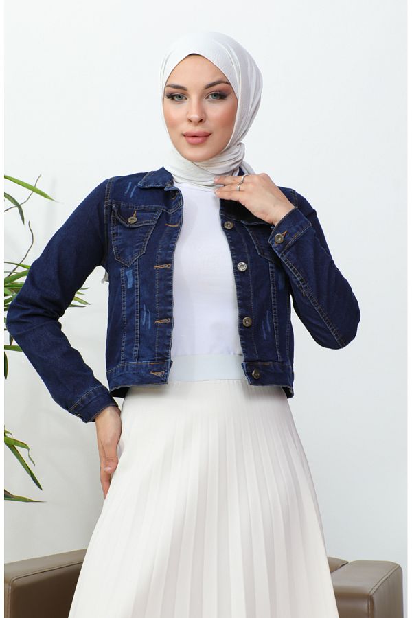 sefamerve Navy Blue Buttoned Bolero Jeans Jacket 37001 02 Trendyol