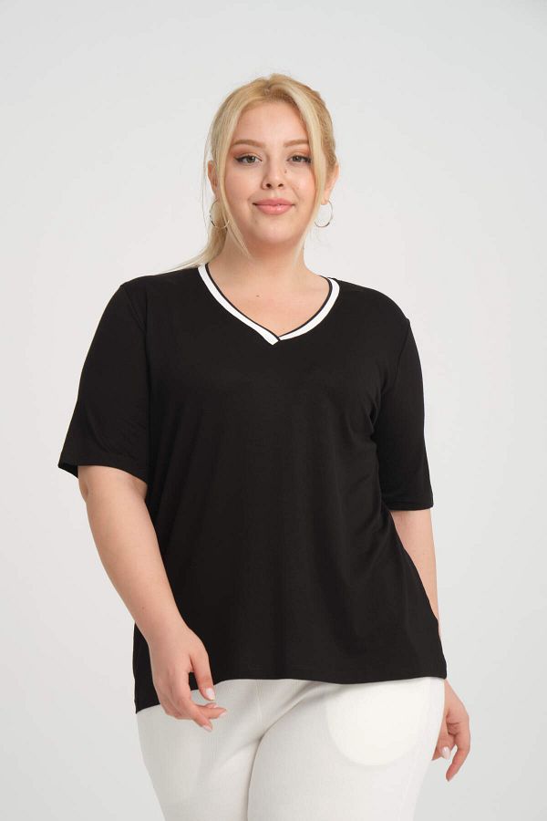 Nelly-Black Rib Detailed V-neck Short Sleeve Plus Size Women's Blouse 1