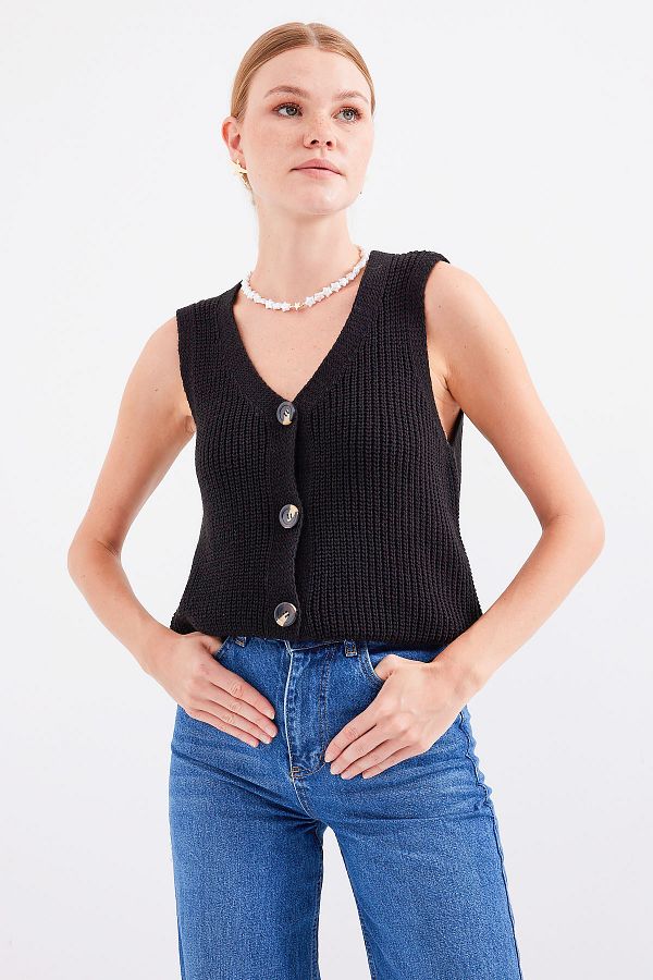 Bigdart-15881 Black Short Knitwear Vest - Buttoned 1