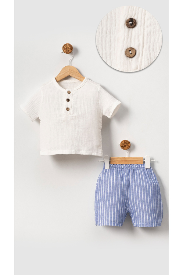 Bubito Unisex Bebek&Çocuk %100 Pamuklu Çizgili Düğmeli Müslin Şort Takım-Mavi