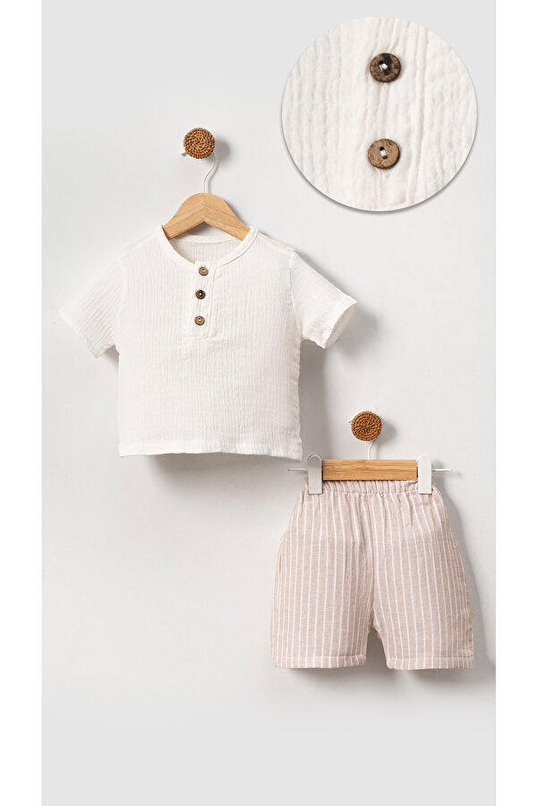 Bubito Unisex Bebek&Çocuk %100 Pamuklu Çizgili Düğmeli Müslin Şort Takım-Bej