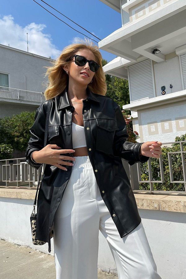 SHELOVEIT Black Thin Rose Gold Faux Leather Shirt Jacket with Pocket Detail Trendyol
