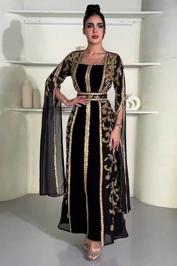 Gold Dresses Black Embroidered 2 Piece Set Beaded Belt Caftan Dress GLD2456 Trendyol