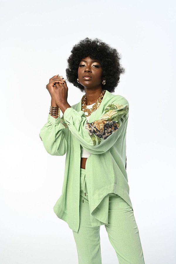 FEMELLE Green Large Size Oversize Kimono Jacket Tiger Pattern on the Back and Sequins Trendyol