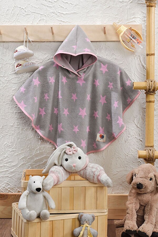 Salvia Dione | %100 Pamuk | Örgü | Kız-erkek Panço | Bornoz | Gri-pembe | Luca