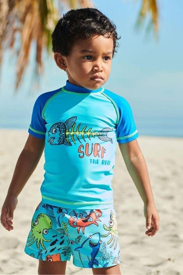 misskids Boy s Surfer Fishbone Printed T shirt and Shorts Swimsuit Set Blue Yellow White Trendyol