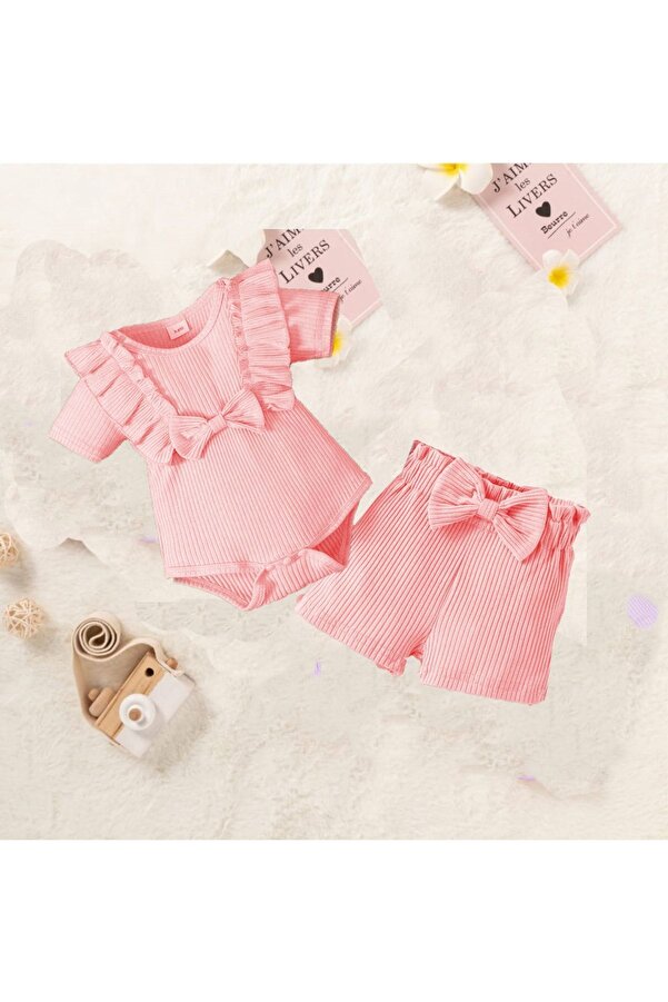 bebekpare Kız Çocuk Fitilli Kurdeleli Kısa Kol Takım %100 Pamuk Somon