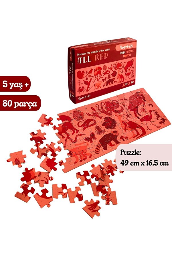 DoerKids All Red-Kırmızı Hayvanlar Eğitici-Öğretici Midi Puzzle | 4-9 Yaş 80 Parça