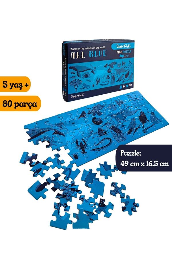 DoerKids All Blue-Mavi Hayvanlar Eğitici-Öğretici Midi Puzzle | 4-9 Yaş 80 Parça