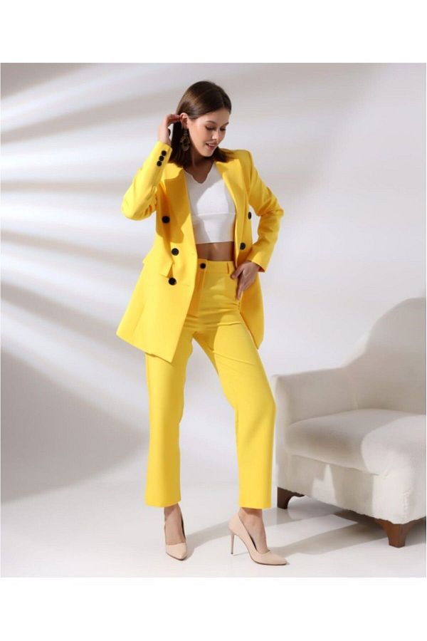 TANE TASARIM Women s Double Breasted Blazer Jacket Cotton Stretch Fabric Trousers Yellow Suit 024 Trendyol