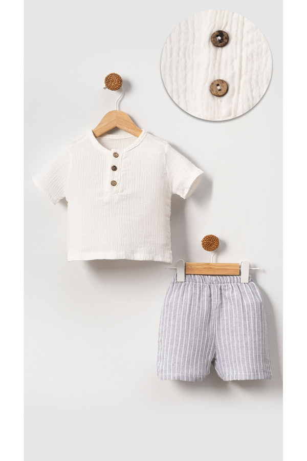 Bubito Unisex Bebek&Çocuk %100 Pamuklu Çizgili Düğmeli Müslin Şort Takım-Gri