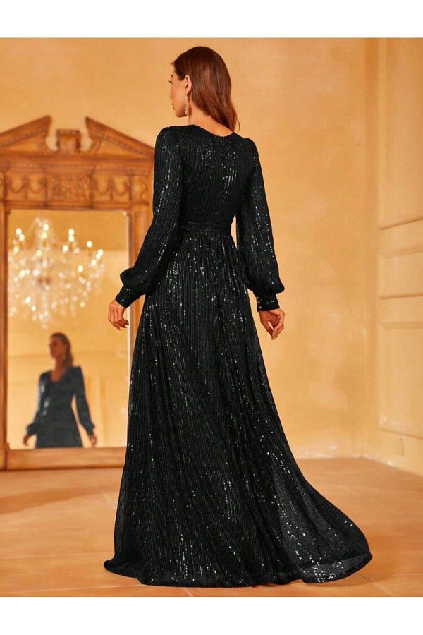 Styling Park Sequin V Neck Long Sleeve Maxi Evening Dress Trendyol