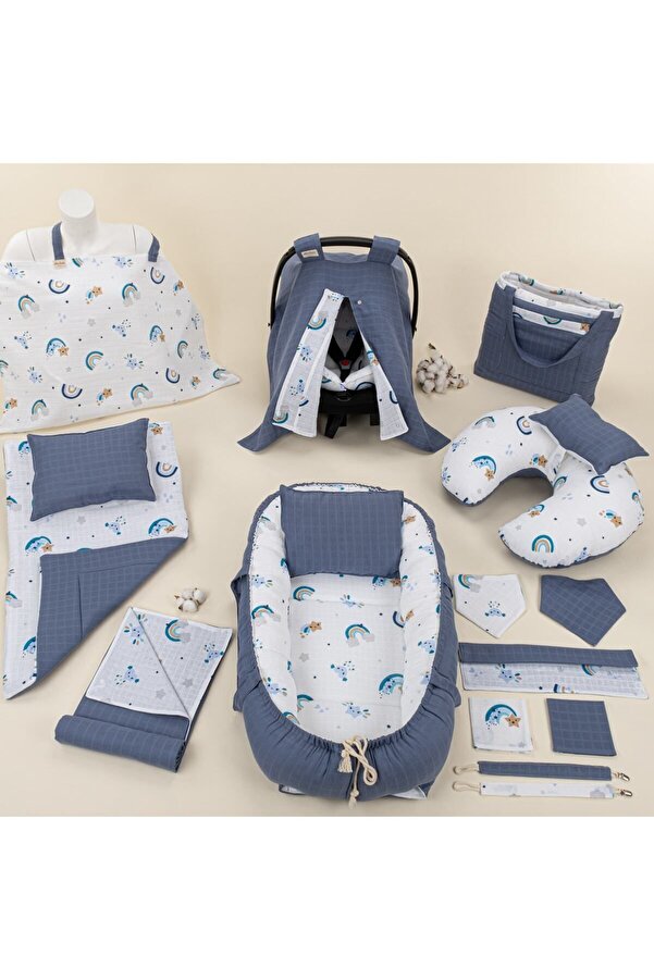 Yunikobaby 18 Parça Set - Indigo Müslin - Mavi Gökkuşağı Emzirme Yastığı Ve Önlüğü,puset Seti,babynest