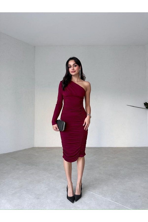 Burgundy one shoulder draped midi dress discount