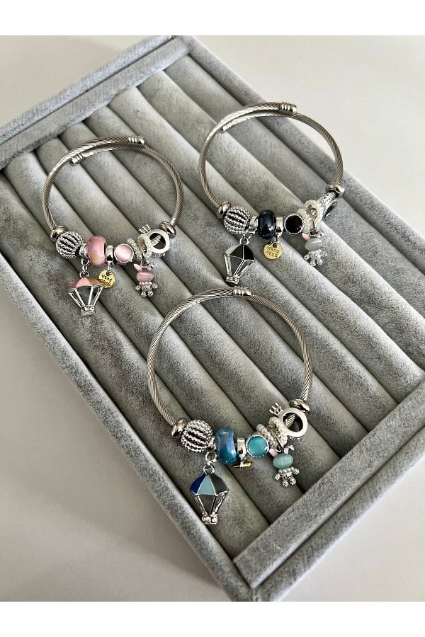 SU PER S TAKI B JUTER Steel Black Balloon and Teddy Bear Model Pandora Bracelet Trendyol