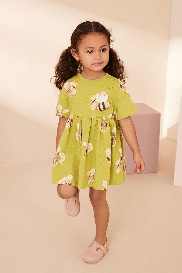 Next Baby Green Bee Patterned New Cotton Short Sleeve Dress Trendyol