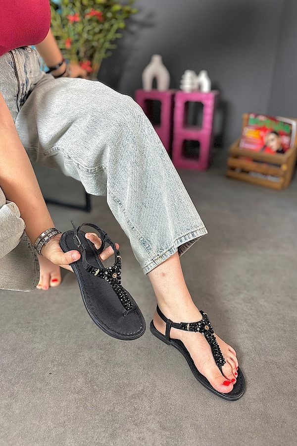 Black beaded sandals on sale