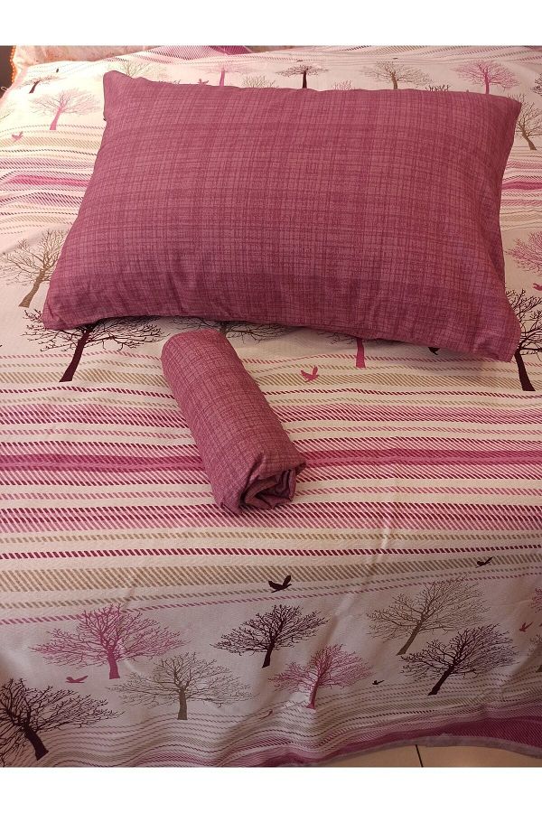 ŞENER HOME-New Tree of Life Patterned Bed Sheet with Elastic Double Pique Set - Pink 1