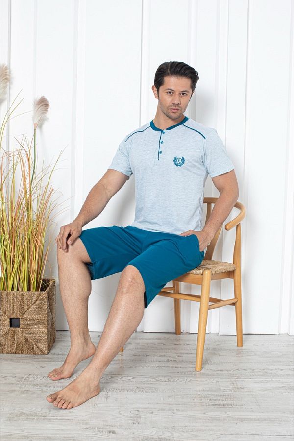 KAP TEX Men s Gray Melange Trolley Pajamas Set 100 Cotton Capri Collar Button and Pocket Trendyol
