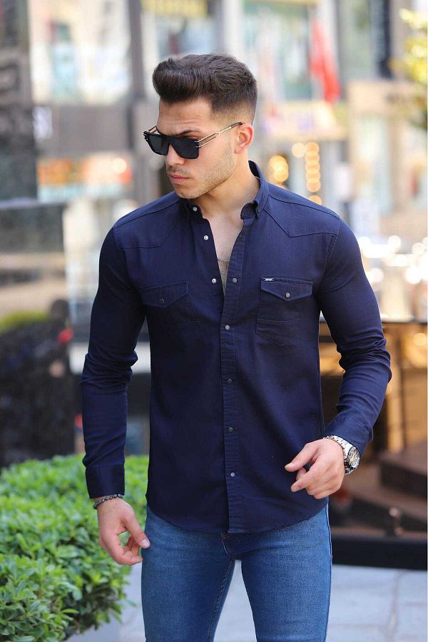 Art 1 Navy Blue Large Size Denim Shirt Trendyol