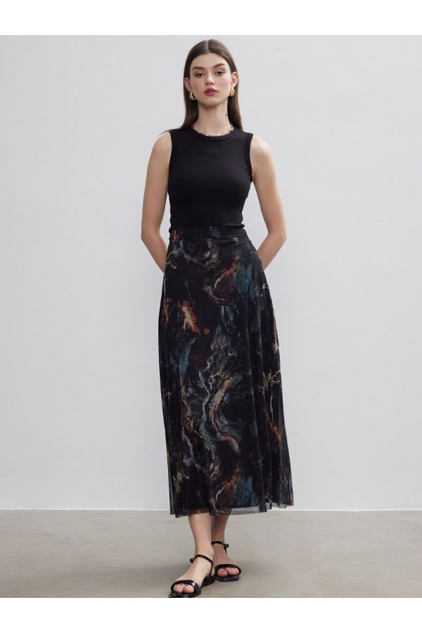 BE BLUE 90S BRUSH PATTERNED TULLE SKIRT Trendyol