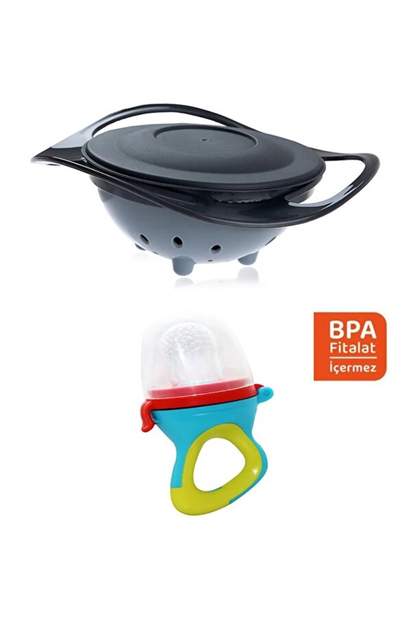 Babyjem Beslenme Seti - Dökülmeyen Tabak Gri & Silikon Meyve Sebze Emziği Turuncu