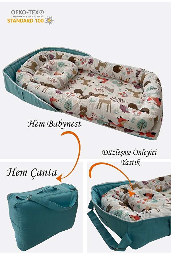 Jaju Baby Nest Orman Desenli Çantalı Babynest Bebek Çantası Taşınabilir Anne Yanı Yatağı
