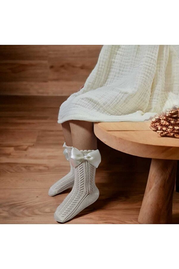 BEBEĞİME ÇORAP Fiyonklu File Soket Çorap Kız Çocuk / Kız Bebek Krem Rengi