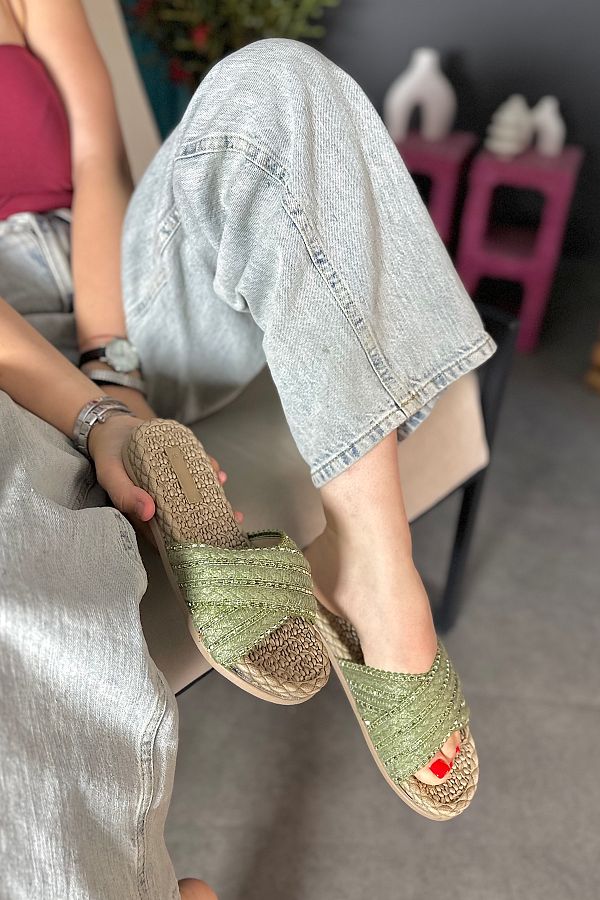 SHOEBELLAS Riri Green Straw Women s Slippers Cross Stone Detailed Trendyol