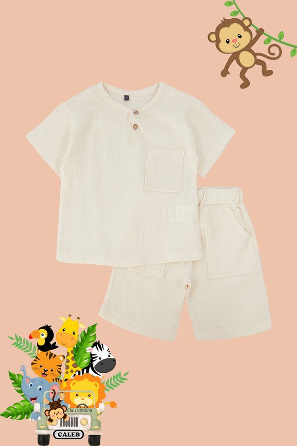 TRENDYOLKIDS Stone Boys' Pocketed T-Shirt Shorts Set Cotton Knit Top and Bottom Set TKDSS24AU00020