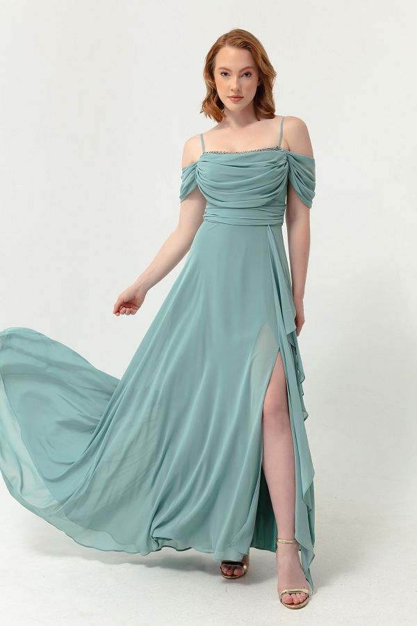 Lafaba-Langes Abendkleid für Damen in Türkis mit Seilträgern und Steindetail 1