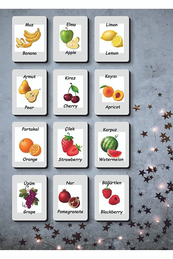 Sipylum Ahşap Zeka Kartları Eşleştirme Oyunu Ahşap PuzzleOyuncak (Meyveler) Türkçe-İngilizce