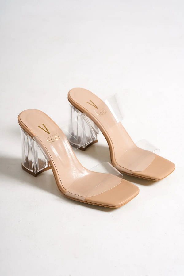 Shoesers Women s Double Banded and Transparent Heel Detailed Medium Heel Slippers Trendyol