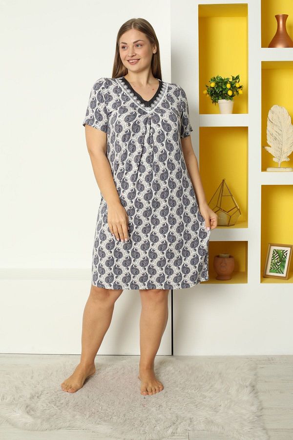 Lagertha by İntensive-Plus Size Patterned Lycra Viscose Nightgown with Lace and Satin Detail 1
