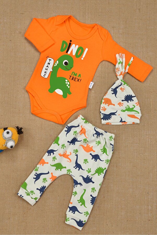 BAVVİER %100 Pamuk, Sevimli Dinazor Baskılı 3 Parça Body & Zıbın Takım