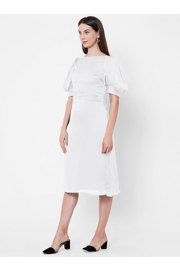 Mish By Styli-Boat Neck Chiffon Midi Dress with Puff Sleeve 1