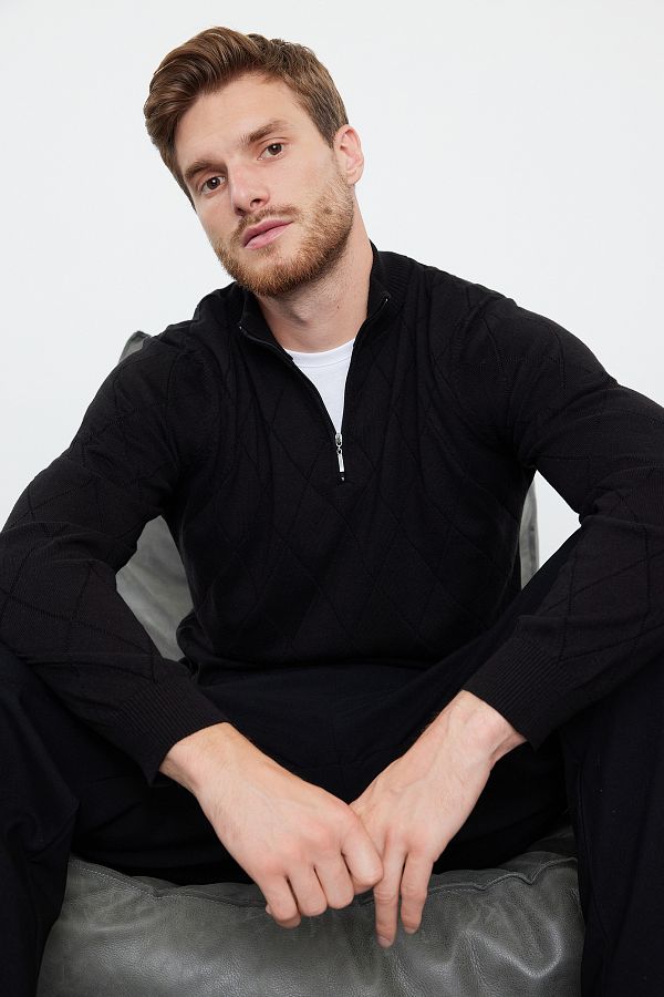 Trendyol Collection Black Slim Fit Cotton Half Turtleneck Zippered Collar Smart Knitwear Sweater Tmnaw23Kz00215 Trendyol