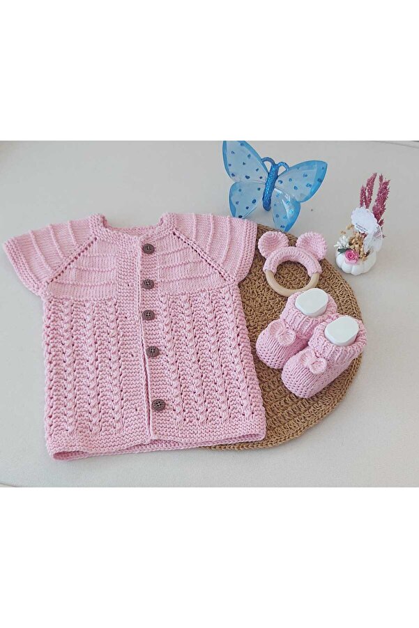 BEGİN Bebek Patik Yelek Diş Kaşıyıcı Organik Pamuk El Örgüsü Pembe Üçlü Takım