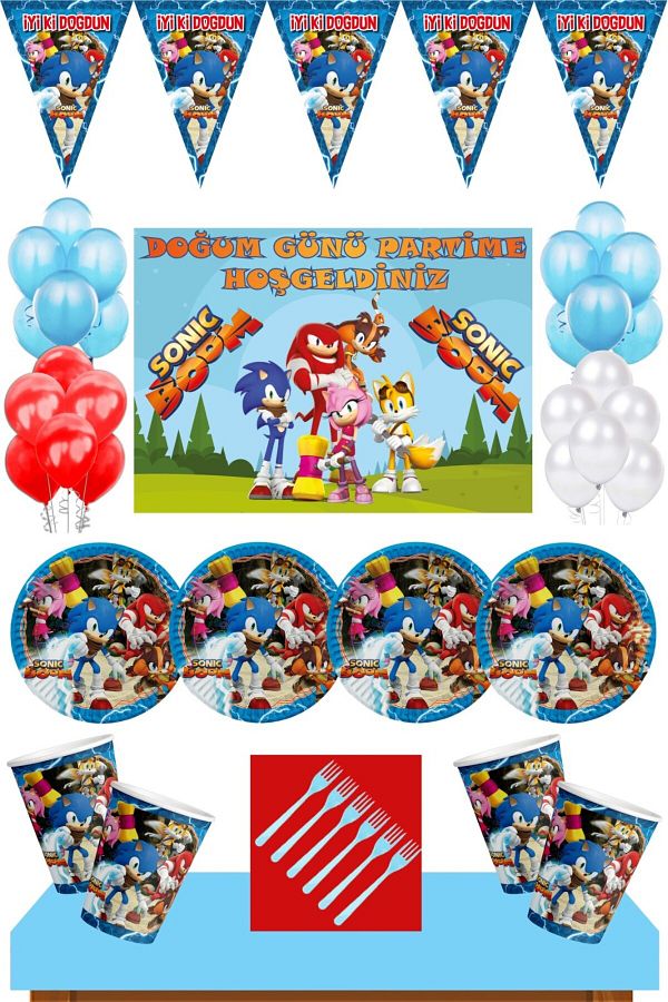 Parti Furyası-Sonic Boom 24-Person Birthday Party Set with Blue Banners 1