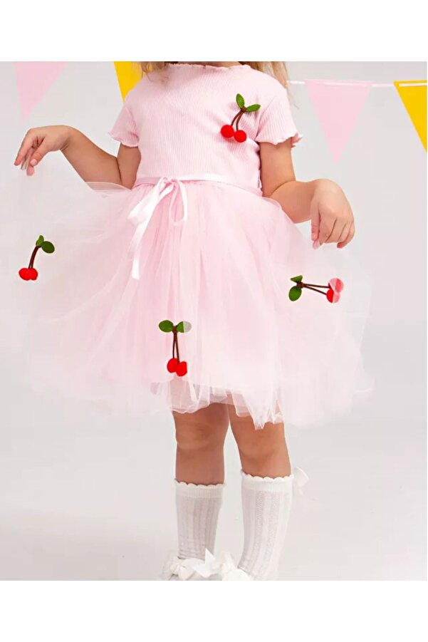 bonalind Üstü Ribana Kumaş Altı Astarlı Tüllü Kirazlı Kız Çocuk Elbise