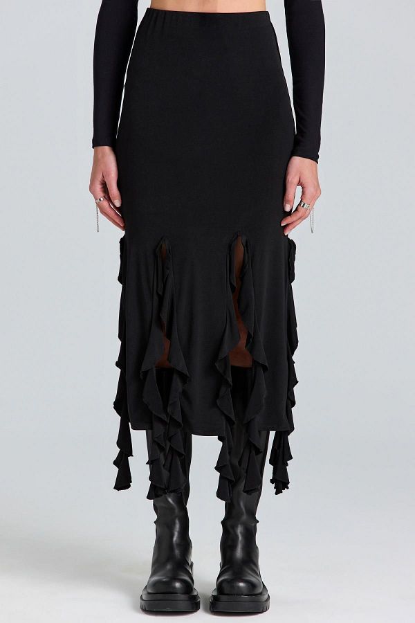 boutiquen-2783 Ruffled Long Black Skirt 1