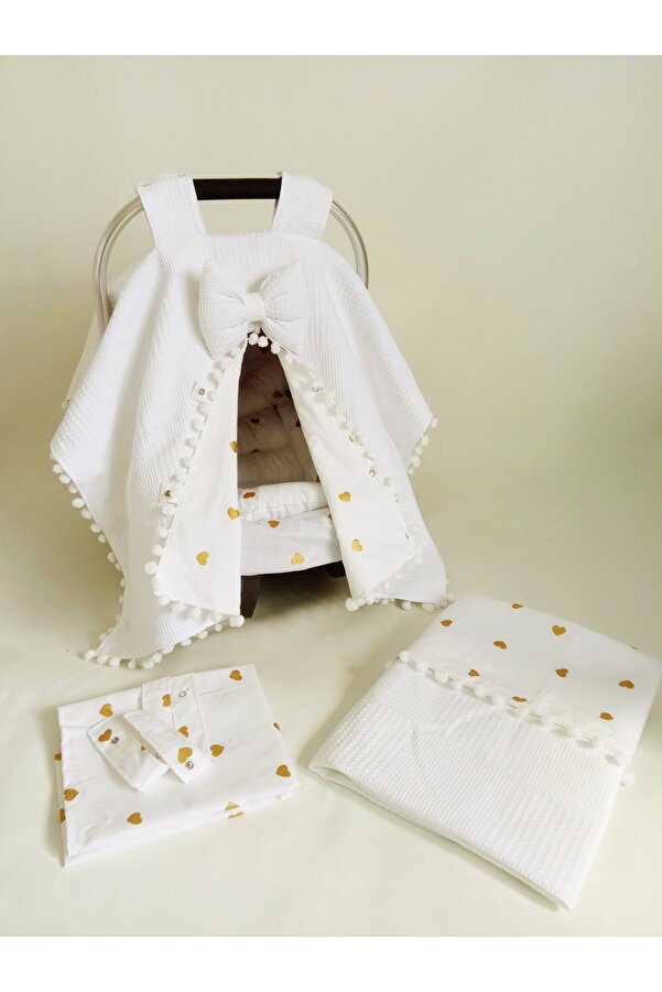 Wenaris Çift taraflı Puset Örtüsü puset çarşafı puset minderi emzirme önlüğü ve battaniye gold kalpli